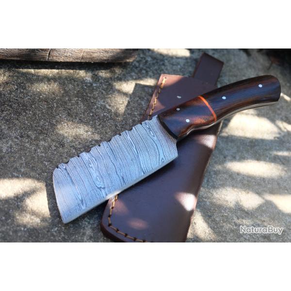 Couteau Skinner Damas Lame Butcher Acier 256 Couches Manche Rosewood Etui Cuir Fab Artisanale