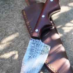 Couteau Skinner Upswept Hunter Lame Acier Carbone 1055 Lazer Manche Bois Etui Cuir Fabric Artisanale