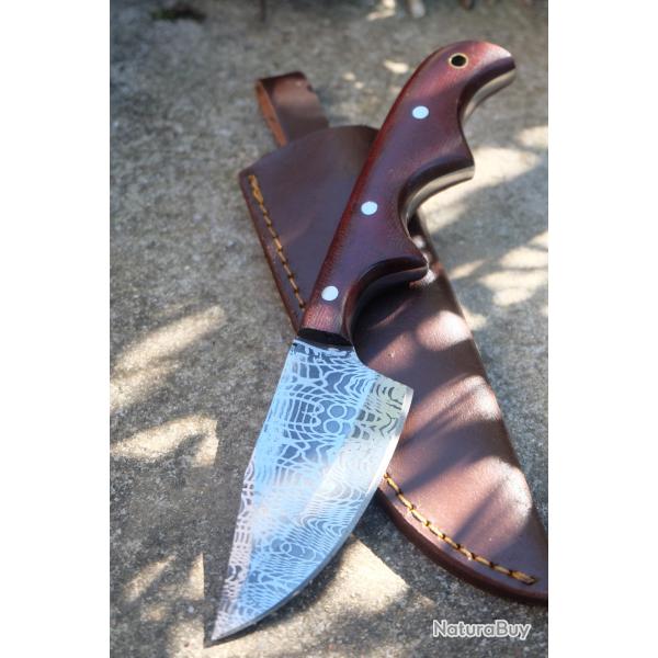 Couteau Skinner Upswept Hunter Lame Acier Carbone 1055 Lazer Manche Bois Etui Cuir Fabric Artisanale