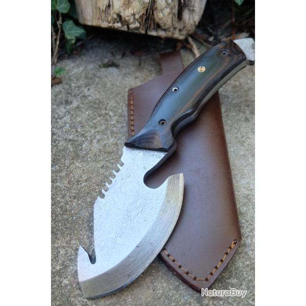 GROS Couteau Skinner D�coupe Damas Lame Acier 256 Couches Manche Micarta Etui Cuir Fabr Artisanale