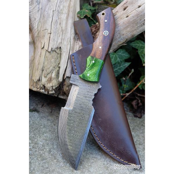 Couteau de Chasse Trakker Damas Grosse Lame 256 Couches Manche Bois/R�sine Fabric Artisan Etui Cuir