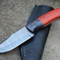 Skinner Couteau de Chasse Damas Lame 256 Couches Manche 2 Bois Fabric Artisanale Etui Cuir