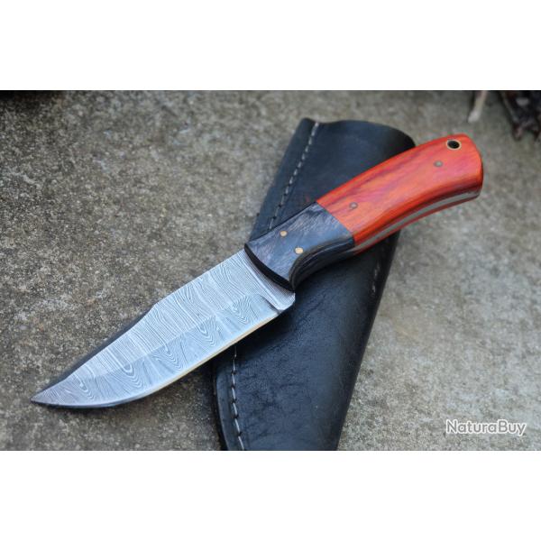 Skinner Couteau de Chasse Damas Lame 256 Couches Manche 2 Bois Fabric Artisanale Etui Cuir