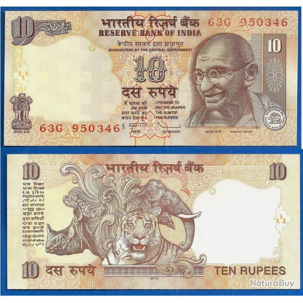 Inde 10 Roupies 2010 Lettre A Gandhi Animal Elephant Tigre Billet