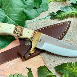 Couteau de Chasse Celtique Survie Manche Os Lame Acier Inox Etui CUir