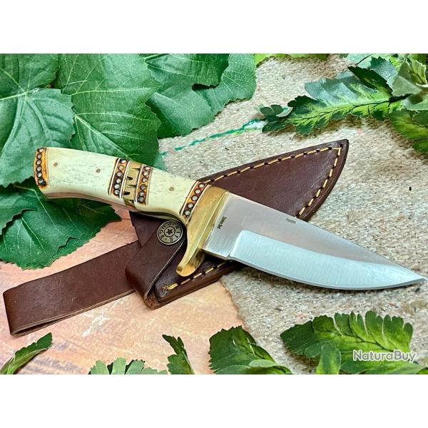 Couteau de Chasse Celtique Survie Manche Os Lame Acier Inox Etui CUir