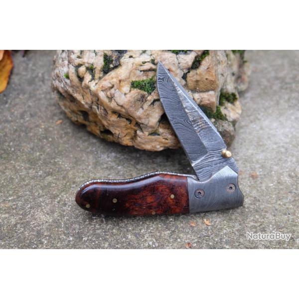 Beau Couteau Damas Lame 128 Couches Manche Bois Mitres Damas Fab Artisanale Linerlock 001