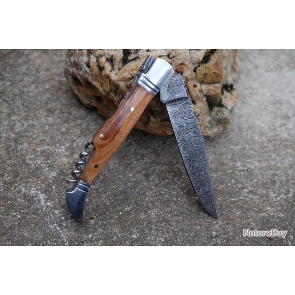 Couteau Damas Lame 128 Couches Fa�on Laguiole Abeille Manche Bois Tire Bouchons Fabr Artisanale01