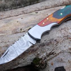 Couteau Lame Damas 128 Couches Manche Bois Arlequin Fa&ccedil;on Buck 112 Lockback Fabr Artisanale