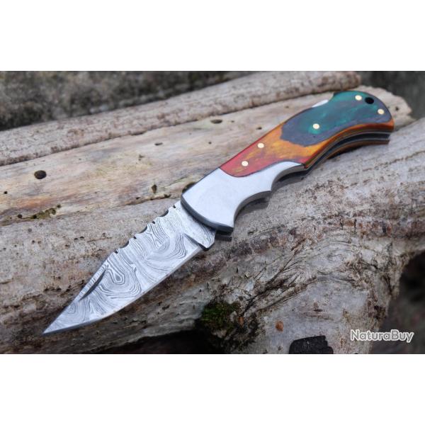 Couteau Lame Damas 128 Couches Manche Bois Arlequin Fa�on Buck 112 Lockback Fabr Artisanale