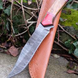 Couteau Bowie De Chasse Manche Bois Lame Clip Point Acier Damas 256 Couches Etui Cuir F Artisanale01