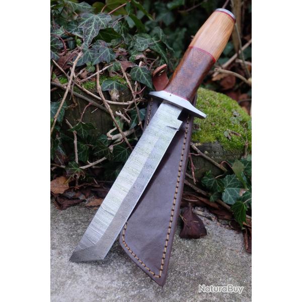 Puukko XXL Couteau Damas Lame 256 Couches Tanto Manche Bois Fabrication Artisanale Etui Cuir 001