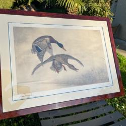 Gravure Leon Danchin couple canards se posant sign&eacute;e et num&eacute;rot&eacute;e