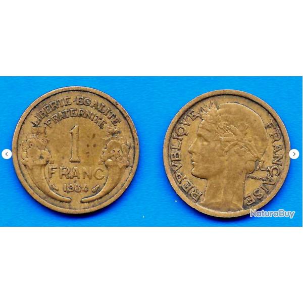 France 1 Franc 1934 Piece Morlon  Tete de Laurier Francs