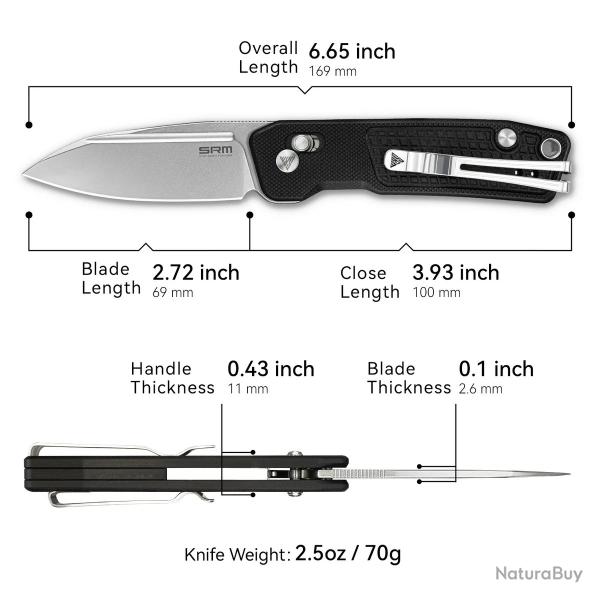 Couteau SRM Scout Lame Drop Point Acier 14C28N Bead Blast Manche G10 Noir Ambi-Lock SRM7229GB