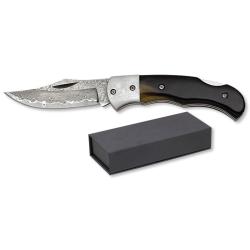 Couteau  DAMASCUS  manche corne de taureau  lame de 7.70 cm