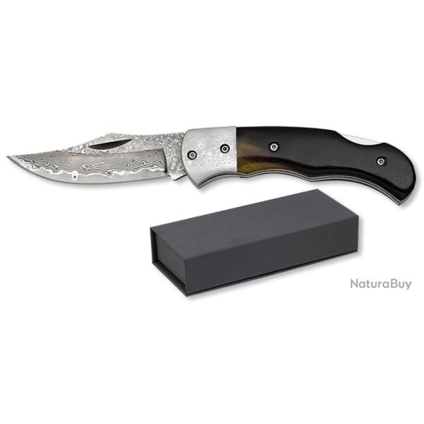 Couteau  DAMASCUS  manche corne de taureau  lame de 7.70 cm