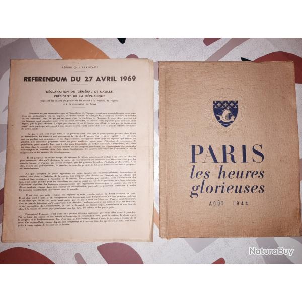 lot d 1 livre PARIS les Heures Glorieuses et Feuillet R�f�rendum du 27 Avril 1969