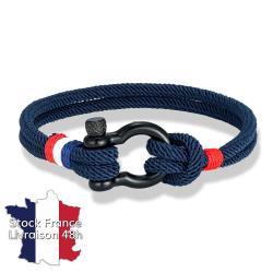 Bracelet corde style marin avec drapeau fran&ccedil;ais tricolore discret - Bleu Marine