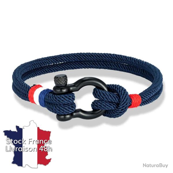 Bracelet corde style marin avec drapeau fran�ais tricolore discret - Bleu Marine