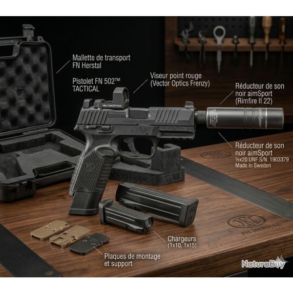 Pack pistolet FN HERSTAL FN 502 cal.22lr noir + point rouge vector Frenzy FM + silencieux Aimsport