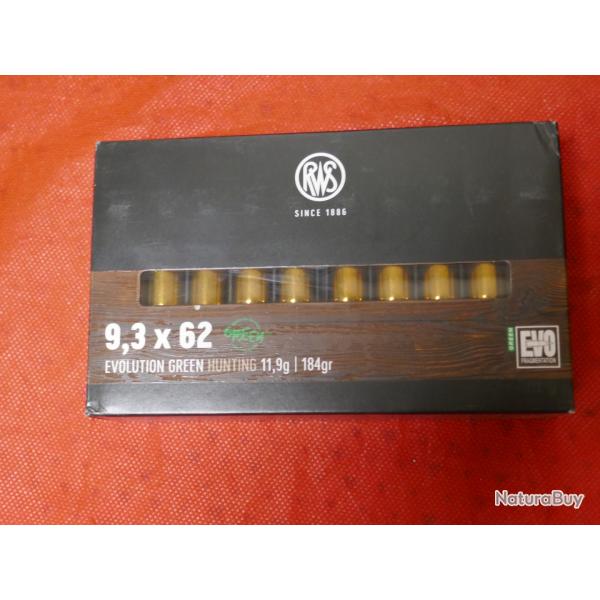 Boite de 20 cartouches RWS 9.3 X 62 mm EVO GREEN 11.9g/184gr
