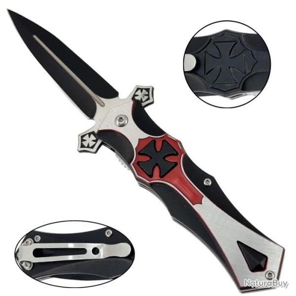 Couteau pliant des Templiers ouverture assist�e  - manche noir et rouge d�cor croix