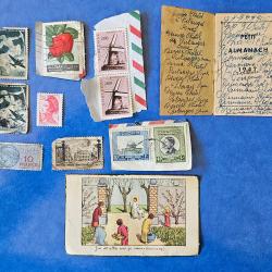 Lot timbres anciens France + &eacute;tranger + almanach 1947 + carte vintage
