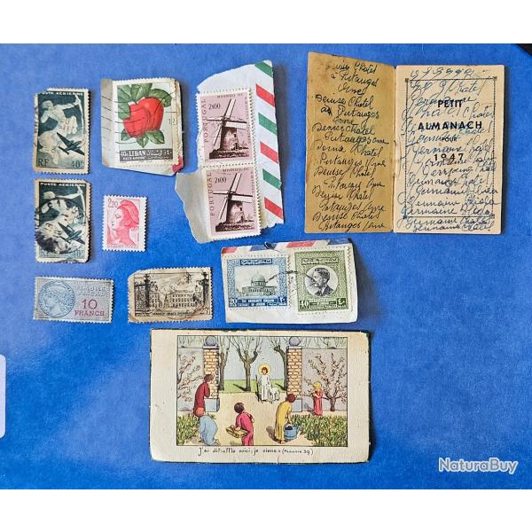 Lot timbres anciens France + �tranger + almanach 1947 + carte vintage