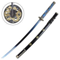 KATANA DECO LAME ACIER BLEU MOTIF DRAGON FOURREAU NOIR