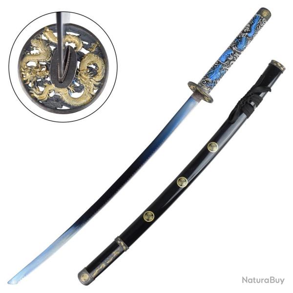 KATANA DECO LAME ACIER BLEU MOTIF DRAGON FOURREAU NOIR