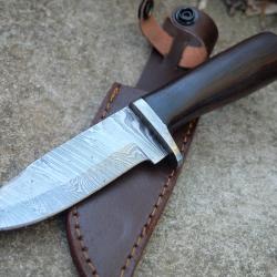 Couteau Poignard Lame Acier Damas 256 Couches Manche Bois Garde Damas Etui Cuir Fabric Artisanale