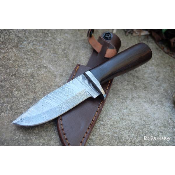 Couteau Poignard Lame Acier Damas 256 Couches Manche Bois Garde Damas Etui Cuir Fabric Artisanale