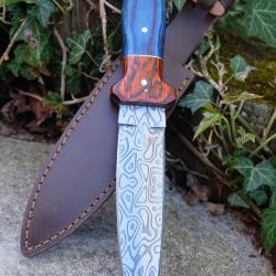 Couteau de Chasse Dague Lame Fa&ccedil;on Damas Lazer Manche 2 Bois Etui Cuir Fabrication Artisanale
