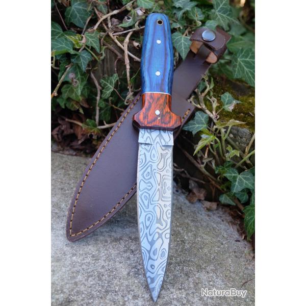 Couteau de Chasse Dague Lame Fa�on Damas Lazer Manche 2 Bois Etui Cuir Fabrication Artisanale