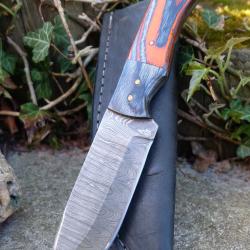 Skinner Bowie Couteau de Chasse Damas Lame 256 Couches Manche 2 Bois Fabric Artisanale Etui Cuir