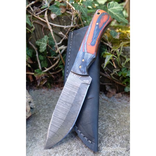 Skinner Bowie Couteau de Chasse Damas Lame 256 Couches Manche 2 Bois Fabric Artisanale Etui Cuir