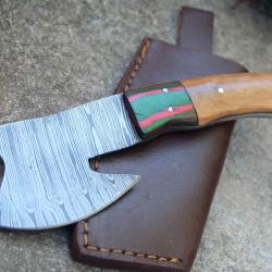 Couteau d'Esquimau Inuit Ulu/Hachoir Lame Acier Damas 256 Couches Manche 2Bois Etui Cuir Fab Artisan