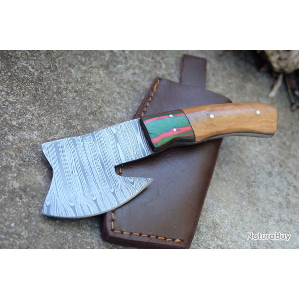 Couteau d'Esquimau Inuit Ulu/Hachoir Lame Acier Damas 256 Couches Manche 2Bois Etui Cuir Fab Artisan