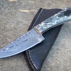 Couteau Skinner Lame Acier Damas 256 Couches Bubble Manche Ghost Etui SimiliCuir Fab Artisanale