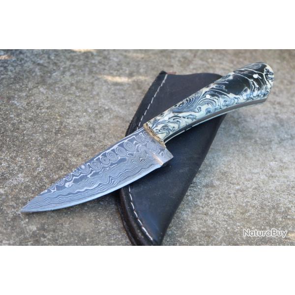 Couteau Skinner Lame Acier Damas 256 Couches Bubble Manche Ghost Etui SimiliCuir Fab Artisanale