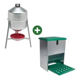 Abreuvoir m&eacute;tal galvanis&eacute; 30 L + Mangeoire &agrave; tr&eacute;mie anti nuisibles Feedomatic 20kg