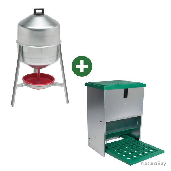Abreuvoir m�tal galvanis� 30 L + Mangeoire � tr�mie anti nuisibles Feedomatic 20kg
