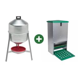 Abreuvoir m&eacute;tal galvanis&eacute; 30 L + Mangeoire &agrave; tr&eacute;mie anti nuisibles Feedomatic 12kg