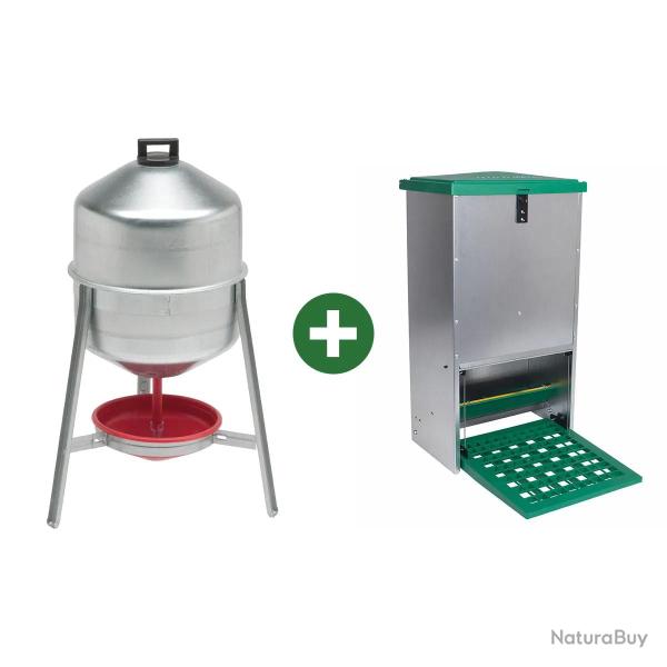 Abreuvoir m�tal galvanis� 30 L + Mangeoire � tr�mie anti nuisibles Feedomatic 12kg