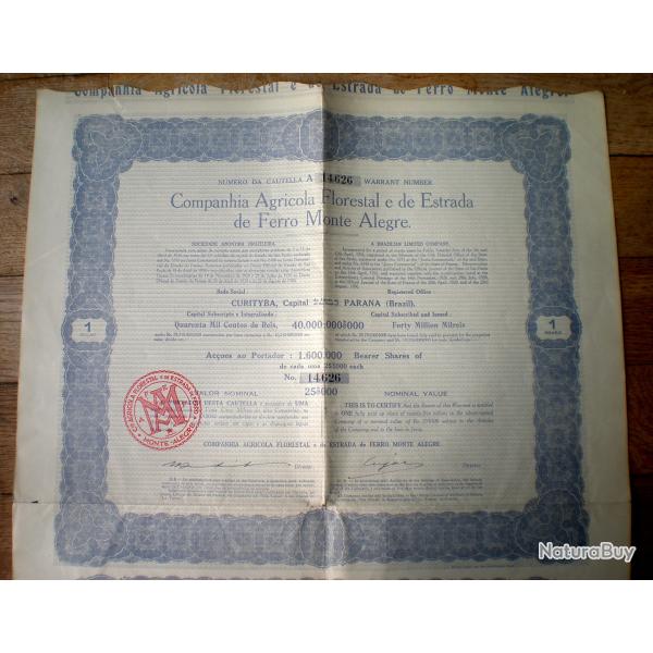 Bresil Compagnie Agricole Forestiere du chemin de Fer de Monte Alegre Action de 1930