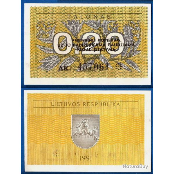 Lituanie 0.20 Talonas 1991 Avec 3 Lignes de textes Neuf Billet Litu Litas