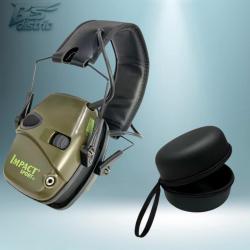 Casque Anti-Bruit &Eacute;lectronique Vert avec &eacute;tui de transport.
