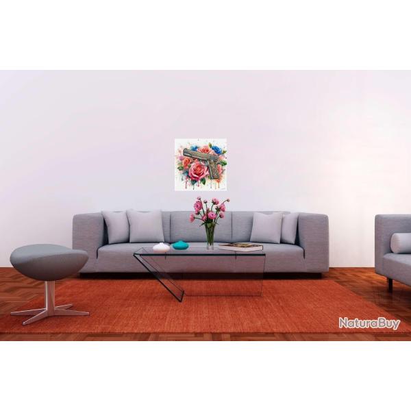 Peinture en aquarelle sur toile acrylique / Guns and roses  / (60x60) cm