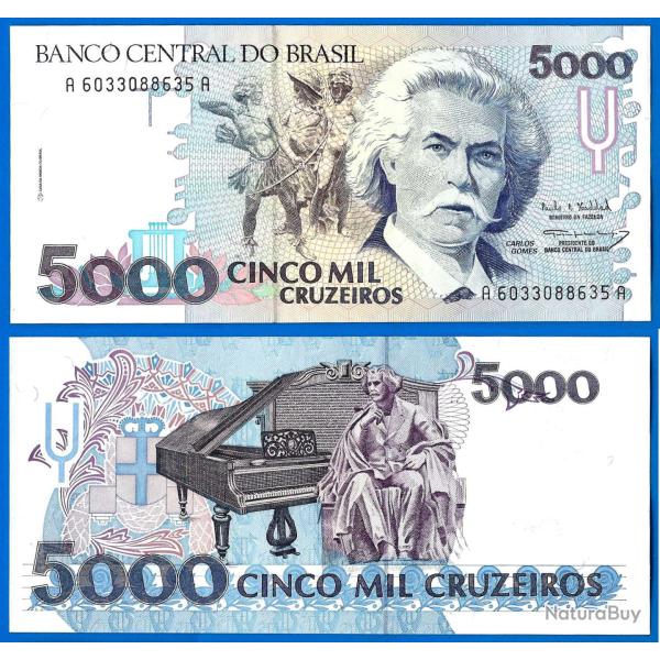 Bresil 5000 Cruzeiros 1990 Sign 29 NEUF Billet Carlos Gomes